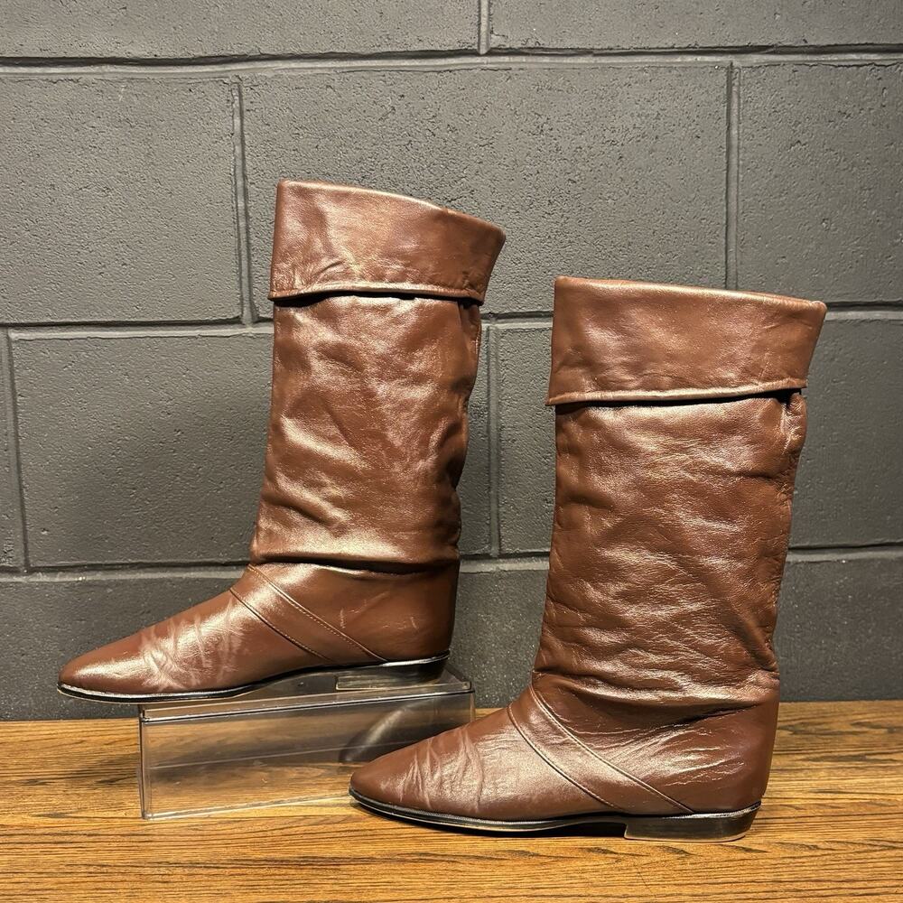 Vintage Joyce Slouch Boots Brown Leather Size 10 N Mid Calf Granny
